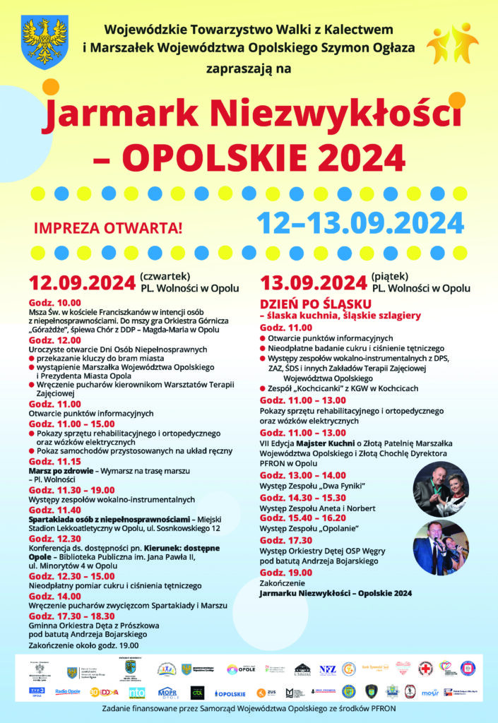 plakat Jarmark Niezwykłości 2024, harmonogram imprezy 12 i 13 wrzesnia, miejsce Plac Wolności w Opolu, sponsorzy