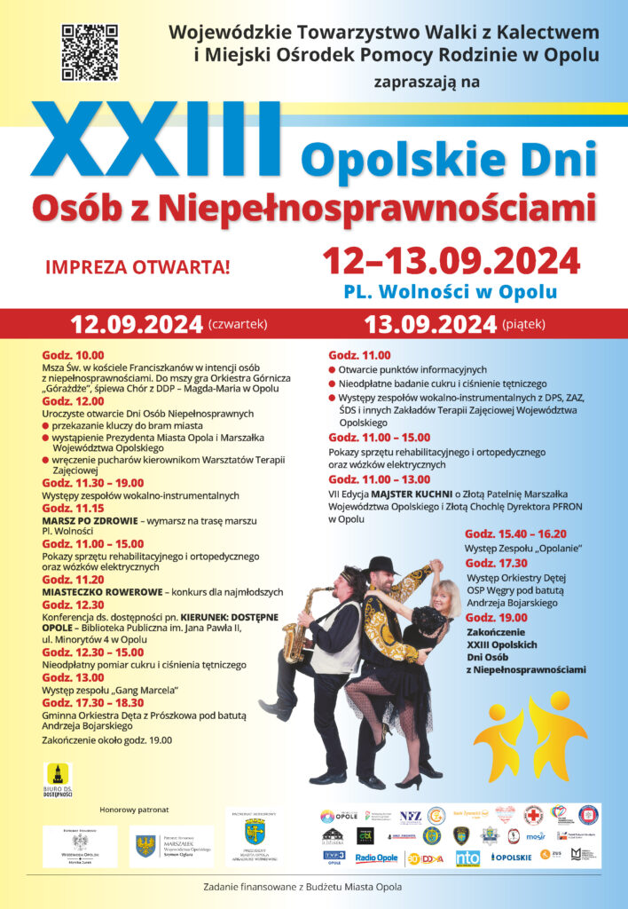 plakat Opolskie Dni Osób Z Niepełnosprawnościami 2024, harmonogram imprezy 12 i 13 wrzesnia, miejsce Plac Wolności w Opolu, sponsorzy