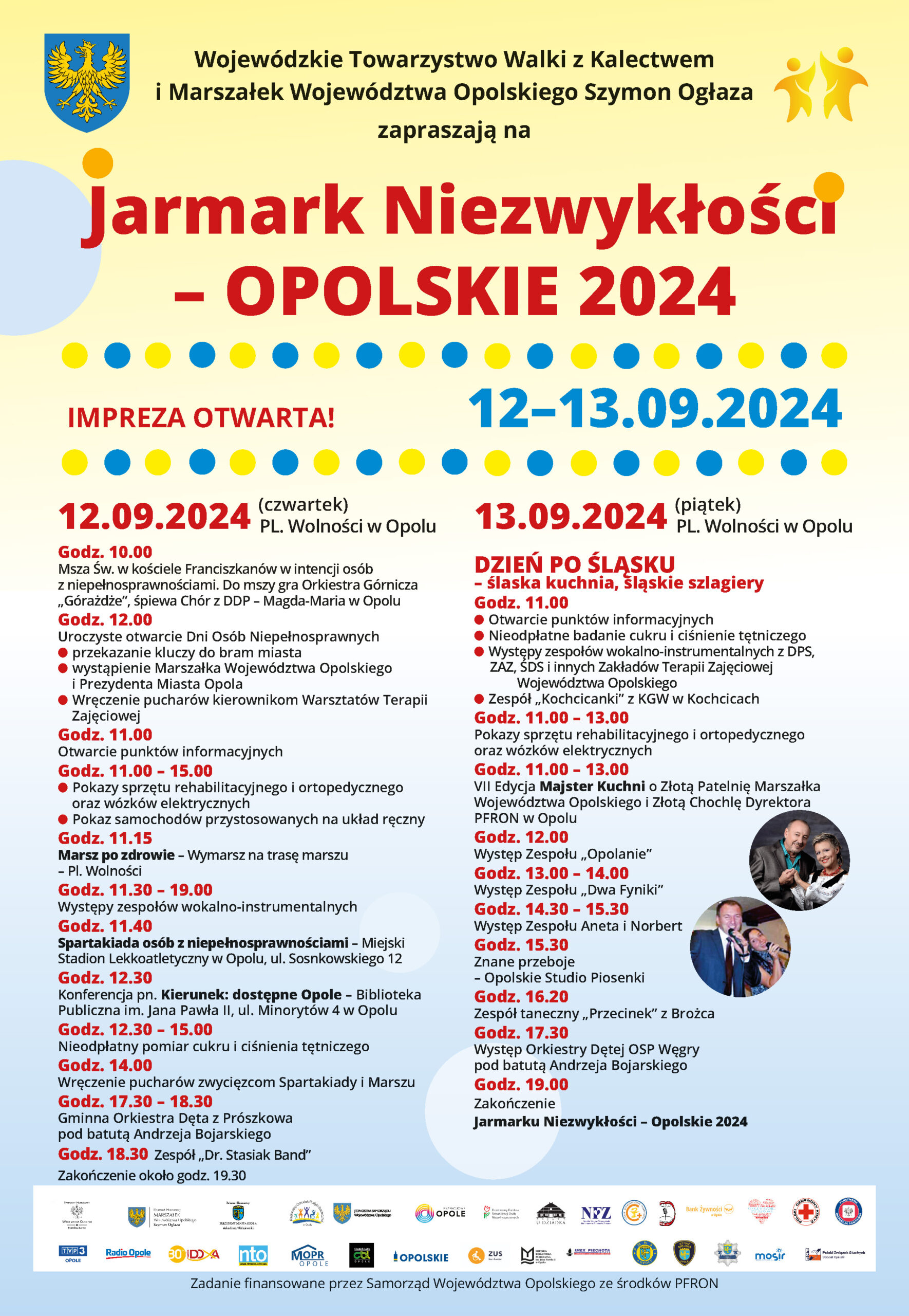 plakat Jarmark Niezwykłości 2024, harmonogram imprezy 12 i 13 wrzesnia, miejsce Plac Wolności w Opolu, sponsorzy